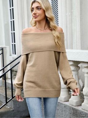 NWT-Off Shoulder Sweater Fall Oversized Knit Tops Long Lantern Sleeve Pullover